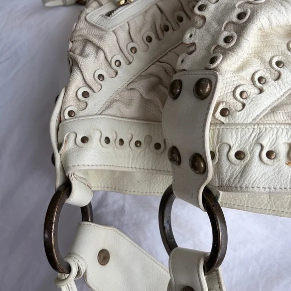Ivory Isabella Fiore ruched brass grommets studded large leather hobo bag

- - Picture 15 of 16